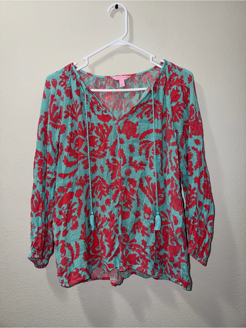 Lilly Pulitzer Etta Tunic L Don't Be Shellfish Print Tassel V-Neck 3/4 Sleeve